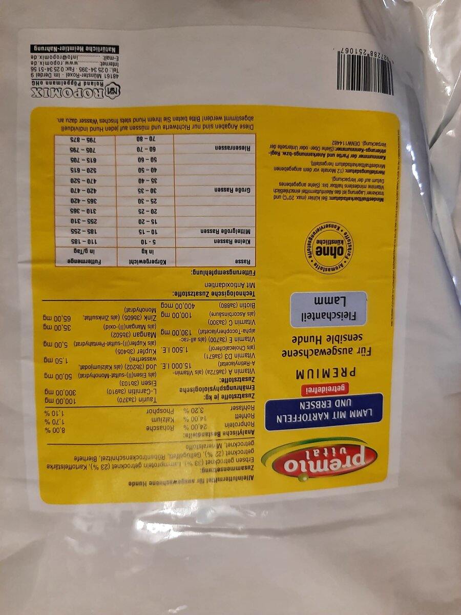premio vital Hundefutter LAMM MIT KARTOFFELN UND ERBSEN 15 kg, 56,40
